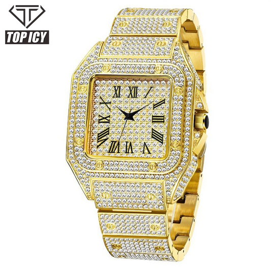 2025 Men'S Fashion Hip Hop Quartz Diamond Watch Iced Out Square Rapper Style