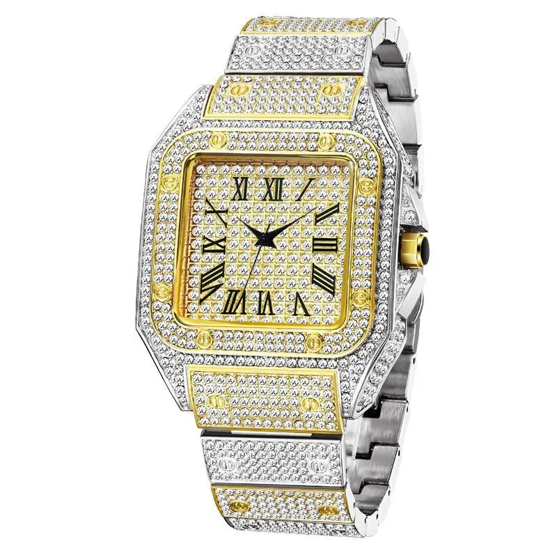 2025 Men'S Fashion Hip Hop Quartz Diamond Watch Iced Out Square Rapper Style